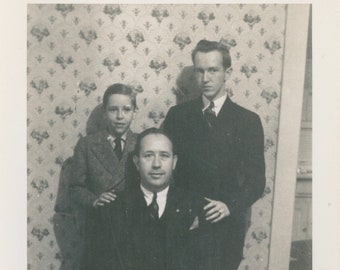 Spooky Father and Two Sons Against Floral Wallpaper Spooky Photo Vintage Photo√