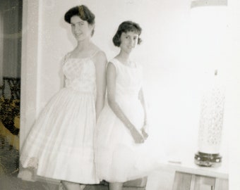 Two Young Women in Simple Lovely Dressed Ready for Date or Dance, Vintage Photo