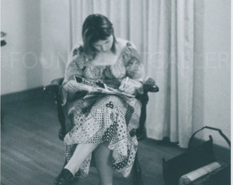 Hippie Chick in Patchwork Print Midi Dress With Leaning Over to Write In Chair, Vintage Photo, Snapshot, Old Photo, Vernacular Photo