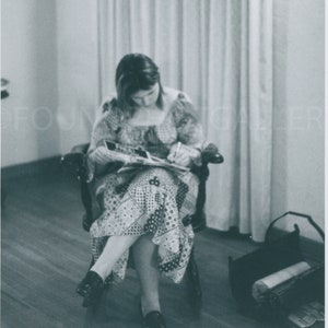 Hippie Chick in Patchwork Print Midi Dress With Leaning Over to Write In Chair, Vintage Photo, Snapshot, Old Photo, Vernacular Photo