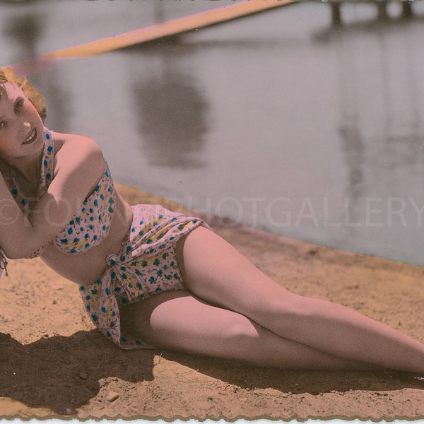 Pin Up Girl Resting on Beach Ball Gets Some Sun on the Beach, Vintage Color Postcard