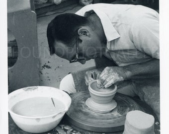 Man Spinning Pot On Potters Wheel in Ceramic Studio Photo, Vintage Photo, Black and White Snapshot, Upcycle