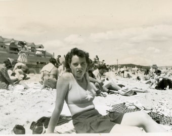 Woman in 2 piece swimsuit in Crowd at the Beach vintage photo