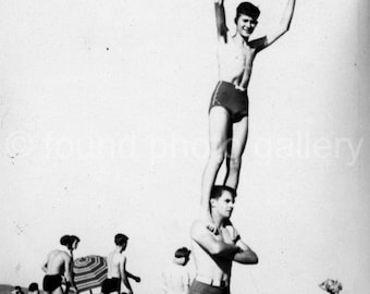 Digital Download, Acrobatic Boys on Beach, Shore, Ocean, Vintage Photo, Black & White Photo, Levitation, Found Photo, Printable Photo√