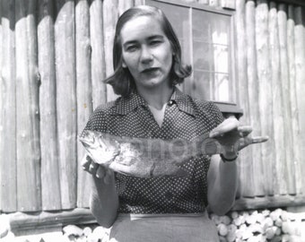 Digital Download, Unhappy Woman Gingerly Holding Fish, Black & White Photo, Snapshot, Vernacular Photo, Printable Photo