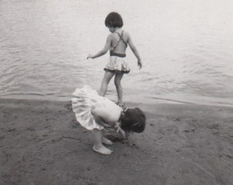 Instant Download, Two Girls Playing At Water's Edge, Vintage Photo, Black & White Photo, Snapshot, Vernacular Photo, Found Photo, Lovely√
