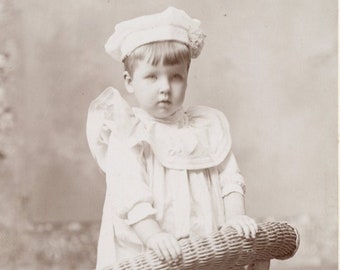Edwardian Child in Costume, Standing on Rattan Chair, White & Black Photo, Victorian Photo, Childhood, Found Photo √
