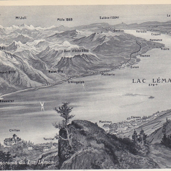 Digital Download,  Illustrated Map of  Lac Leman Panorama, Switzerland, Black & White Postcard, Travel Ephemera, Printable√