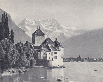 Digital Download, Lac Leman, Switzerland, Castle, Lake, Sailboat, Snow Capped Mountains, Swans, Black & White, Vintage Postcard, Printable√