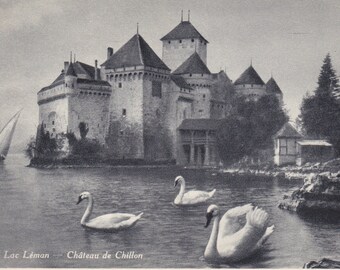 Digital Download, Switzerland, Castle, Swans, Lac Leman, Lake, Chateau de Chillon, Postcard, Black & Photo, Travel Ephemera, Printable√