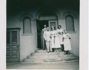 Wedding Party on Front Steps of Church, Newlyweds and Attendees, Vintage Photo, Snapshot