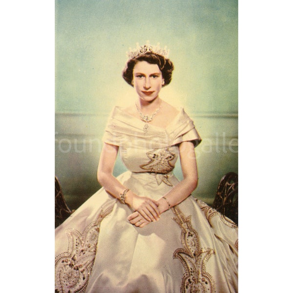 Printable Download of Vintage Postcard, Young Queen Elizabeth II in Royal Dress and Crown 1952 Her Royal Highness