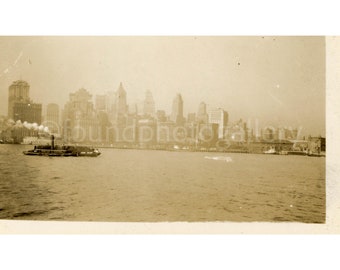 Old Manhattan  Waterfront, Boat Ferrying Across the Hudson River with NYC Skyline in Background