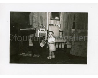 Vintage Photo, Mischievous Toddler Caught in the Middle of the Mid Century Living Room