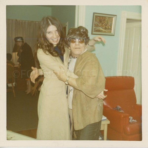 Short Man Wearing Toupee Awful & Oversized Sunglasses Trying to Dance With Pretty Laughing Woman, vintage Photo, Color Snapshot, Funny