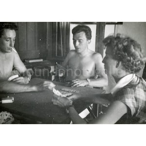 Three Friends Playing Cards at a Small Table, Vintage Photo, Snapshot
