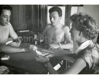 Three Friends Playing Cards at a Small Table, Vintage Photo, Snapshot