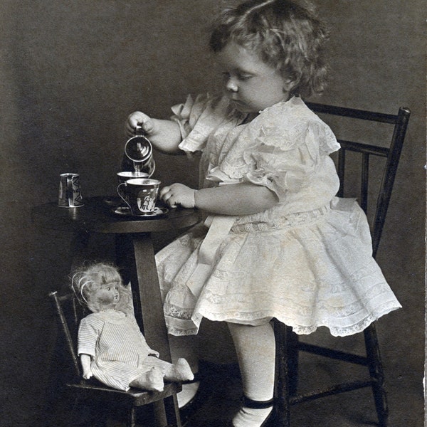 Digital Download, Doll's Tea Party, Childhood, Vintage Photo, Black & White Photo, Found Photo, Antique Photo, Printable√