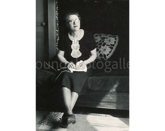 Chic French Woman Sitting on a Couch Crocheting, Vintage Photo, Black and White Photo