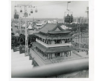 Vintage Photo, Tourists taking Breathtaking Skyline Ride Above an Asian Pavillion at the Worlds Fair in Queens NY 1964