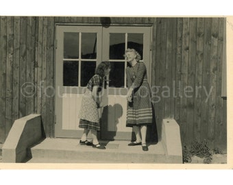 Two Teen Girls Laughing Outside School, Black & White Vintage Photo Print