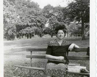 Woman on Park Bench, Floral Print Striped Dress, Vintage Photo, Old Photo, Snapshot, Found Photo, Vernacular Photo √