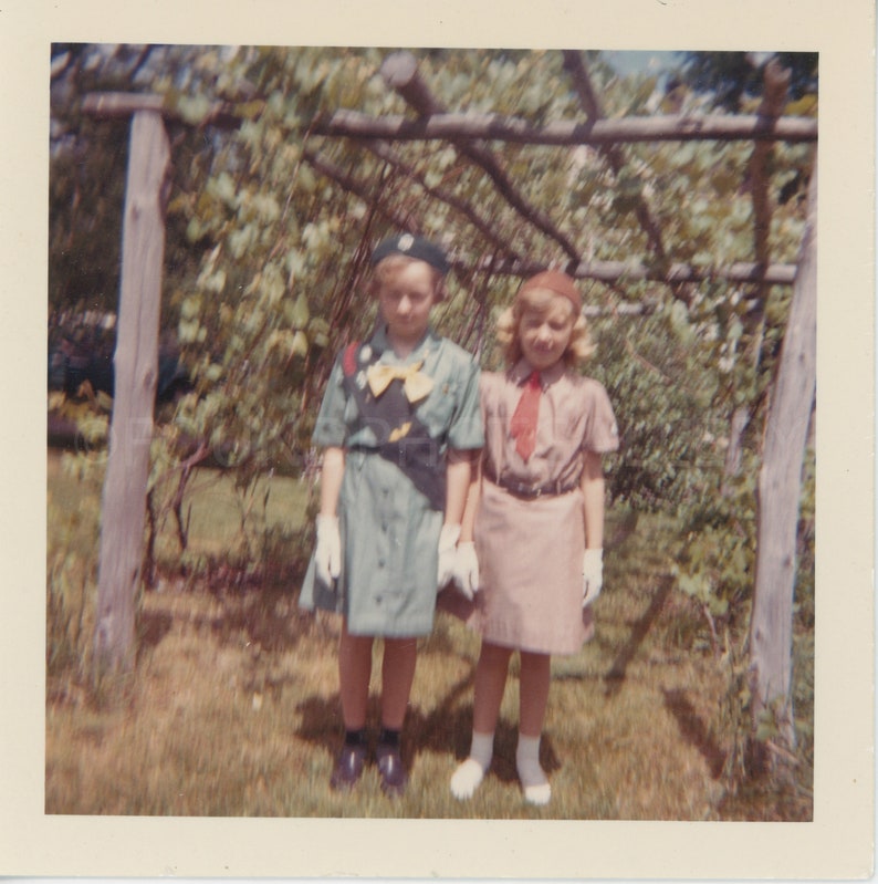 Sisters, Junior Girl Scout and Brownie Wearing White Gloves Under a Grape Arbor, Vintage Photo, Color Snapshot image 1