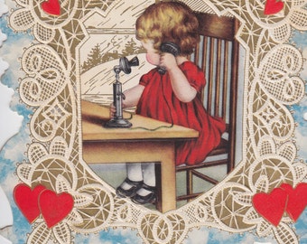 Digital Download, Vintage Valentine, Download Instantly, Printable, Red Hearts, Telephone, Young Girl, Lace DieCut Embossed, Valentine Card√