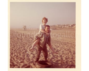 Well-Dressed Man and Woman Piggyback Riding at the Beach, Vintage Photo, Snapshot