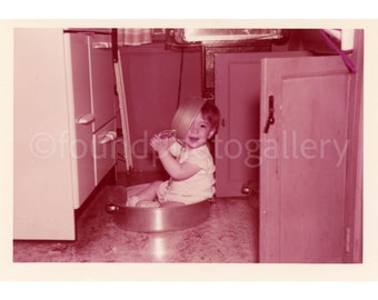 Vintage Photo, King of the Pots and Pans, Young Boy Playing on the Kitchen Floor