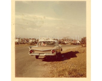 Classic Car Pulled Over on the Side of the Road during a Road Trip, Vintage Photo, Snapshot