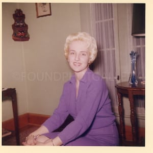 Platinum Blonde In Violet Dress, Vintage Photo, Color Snapshot, Oct 1962