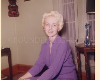 Platinum Blonde In Violet Dress, Vintage Photo, Color Snapshot, Oct 1962