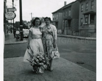 Jo An and Dora buy a Bouquet of Flowers in a Basket, City Street, Vintage Photo