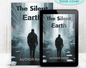 May include: Premade book cover titled "The Silent Earth" featuring a lone figure walking away from the viewer down a city street. The cover is displayed on a book and a tablet, with the author's name at the bottom.