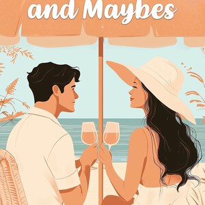 Puede incluir: Una pareja se sienta bajo una sombrilla de color melocot&oacute;n en una playa, brindando con copas de vino. El texto "Mai Tais and Maybes" est&aacute; escrito en blanco en la sombrilla, y el texto "AUTHOR NAME" est&aacute; escrito en blanco en la parte inferior de la imagen.