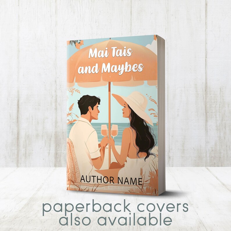 Puede incluir: Una portada de libro con una pareja bajo una sombrilla de playa, tomando c&oacute;cteles. El t&iacute;tulo es "Mai Tais and Maybes" y el nombre del autor est&aacute; debajo. El fondo es una escena de playa con palmeras y cielo azul.