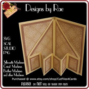 May include: A folded paper card with a decorative floral pattern in shades of tan and brown. The card is designed with multiple panels and features the text "Designs by Rae" and file type information for cutting machines.