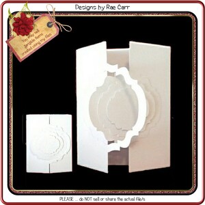 May include: A white card with a layered, scalloped design. The card is folded in half and has a white background. The card is designed to be used for crafting and scrapbooking.