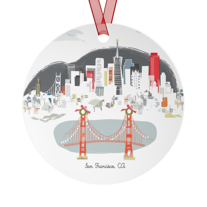 Ornamento Natalizio Dipinto A Mano San Francisco | Sfera In Vetro Con Golden Gate, Cable Car E Painted Ladies