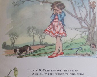 Little Bo Peep / Curly Locks / Page from Large Vintage Child's Book - Illustrated by Molly Brett 1961 - NURSERY RHYMES