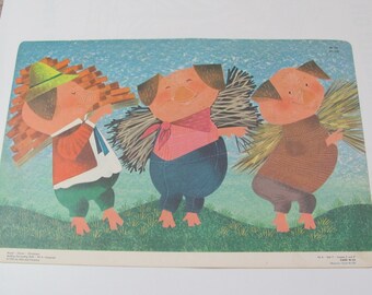 Vintage Illustrated School Flash Card Poster Print Reading Skills - Circa 1965 Ginn Co. // 2 Sided - Three Little Pigs & Pond Turtle