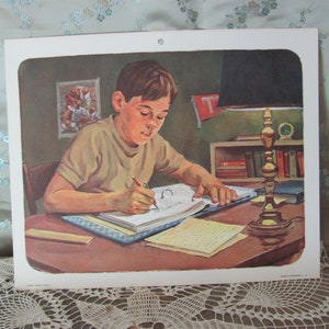 Impresiones de pósteres de tarjetas didácticas grandes de la vieja escuela de 1968 (2) - Buena ciudadanía - Milton Bradley - Niños estudiando la tarea