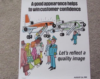 1981 Vintage Safety Workplace Inspirational Cartoon Poster   17" x 23" // Airline Airplane Pilot - Many to choose from!!!