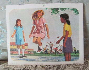 1968 Old School Large Flash Card Poster Prints (2) - Good Citizenship - Milton Bradley - Treat Others Well Children Playing Jump Rope