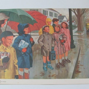 Póster escolar ilustrado vintage con fichas didácticas sobre habilidades de lectura - Circa 1965 Ginn Co. // 2 caras - Niños en la parada de autobús y cenando