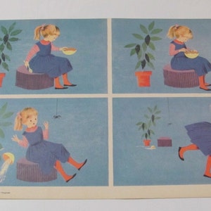 Póster escolar ilustrado vintage con fichas didácticas sobre habilidades de lectura - Circa 1965 Ginn Co. // 2 caras - Miss Muffet & Careers