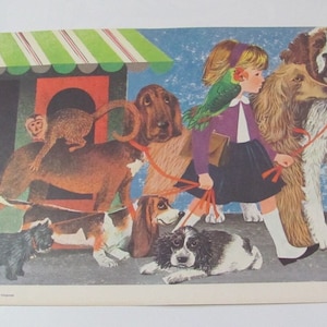 Vintage geïllustreerde schoolflitskaart poster print leesvaardigheid - circa 1965 Ginn Co. // 2-zijdig - drie biggetjes en meisjes die honden uitlaten
