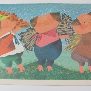 Póster escolar ilustrado vintage con fichas didácticas para aprender a leer - Circa 1965 Ginn Co. // 2 caras - Los tres cerditos y la tortuga del estanque