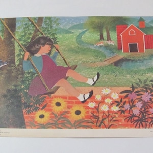 Póster escolar ilustrado vintage con fichas didácticas sobre habilidades de lectura - Circa 1965 Ginn Co. // 2 caras - Los tres cerditos y la niña en el columpio